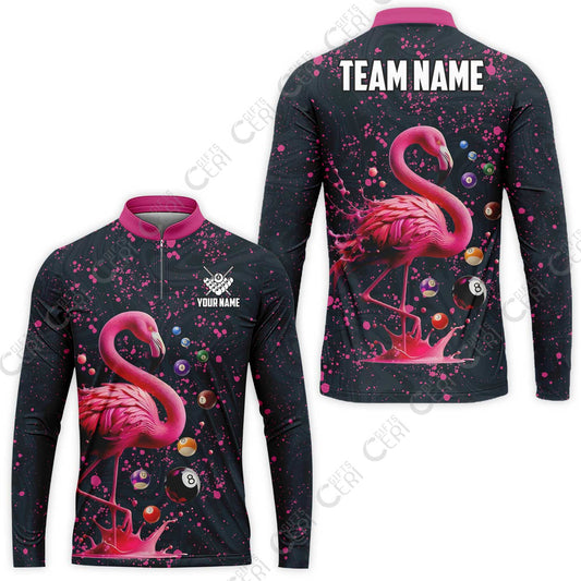 Customized 8 Ball Pool Stand Collar Quarter-Zip Long Sleeve Jersey, Flamingo Pink Splat Billiard, Personalized Billiards Jersey