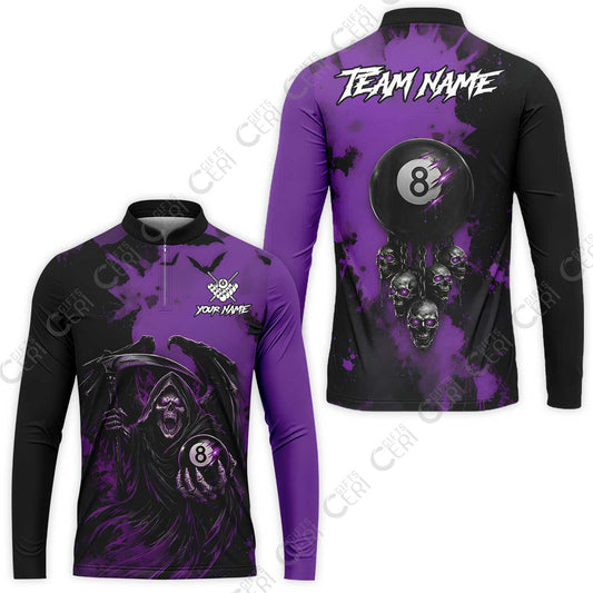 Customized 8 Ball Pool Stand Collar Quarter-Zip Long Sleeve Jersey, Billiard Death Skull Paint Splash, Billiards Jersey