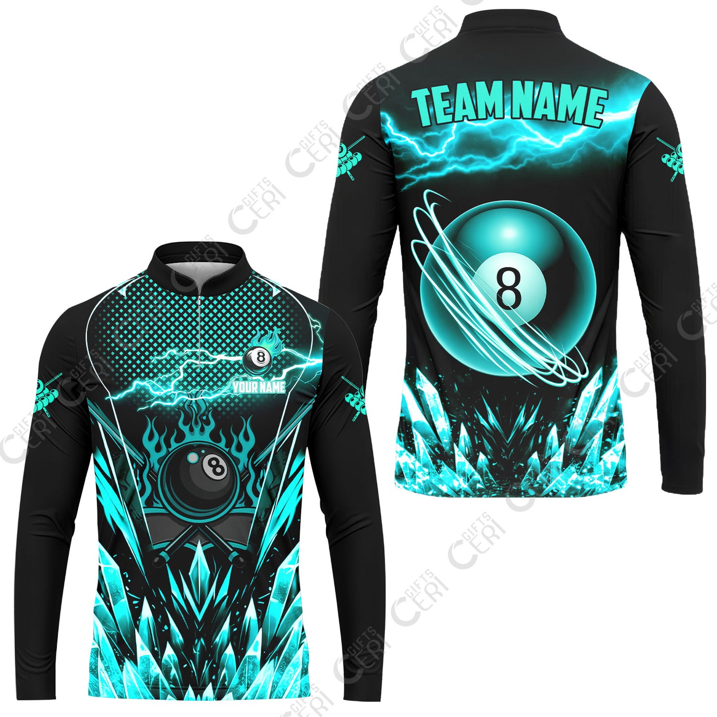 Customized 8 Ball Pool Stand Collar Quarter-Zip Long Sleeve Jersey, Electric Lightning Crystal, Billiards Jerseys