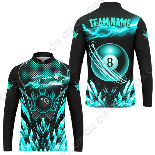 Customized 8 Ball Pool Stand Collar Quarter-Zip Long Sleeve Jersey, Electric Lightning Crystal, Billiards Jerseys