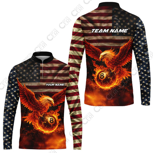 Customized 8 Ball Pool Stand Collar Quarter-Zip Long Sleeve Jersey, Billiards 8-Ball American Flag Fire Eagle, Billiards Jerseys