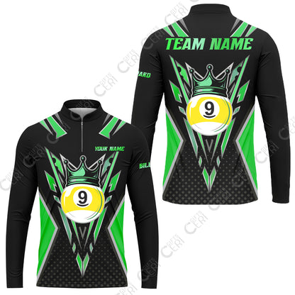 Customized 9 Ball Pool Stand Collar Quarter-Zip Long Sleeve Jersey, Billiard 9-Ball Crown, Billiard Jerseys