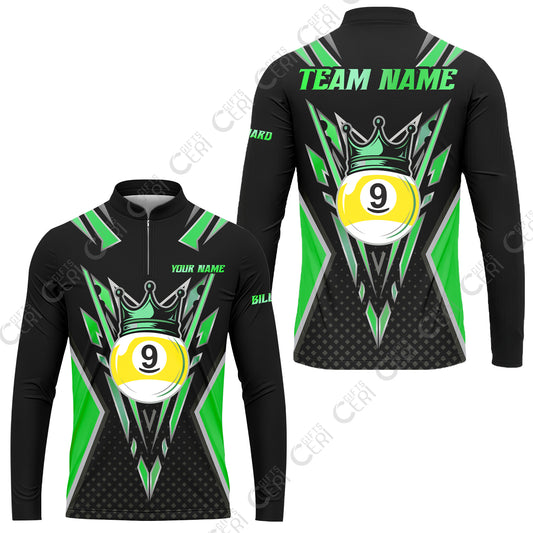 Customized 9 Ball Pool Stand Collar Quarter-Zip Long Sleeve Jersey, Billiard 9-Ball Crown, Billiard Jerseys