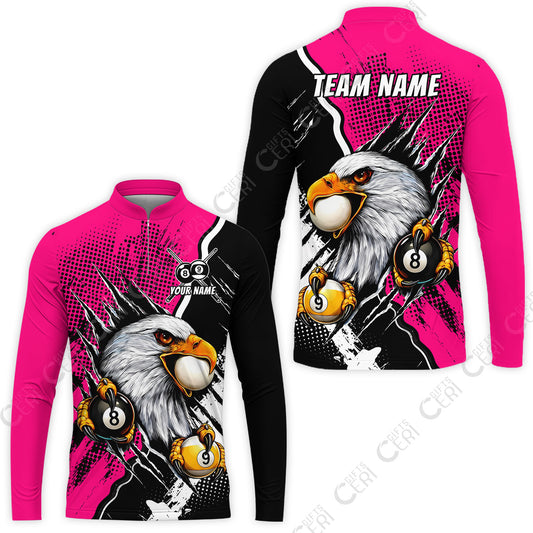 Customized Billiards Stand Collar Quarter-Zip Long Sleeve Jersey, 8 & 9 Ball Billiard Eagle Comic Dot Halftone Background Color, Billiards Jerseys