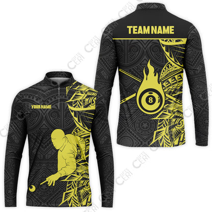 Customized 8 Ball Pool Stand Collar Quarter-Zip Long Sleeve Jersey, 8-Ball Billiards Tattoo Pattern, Billiards Jerseys