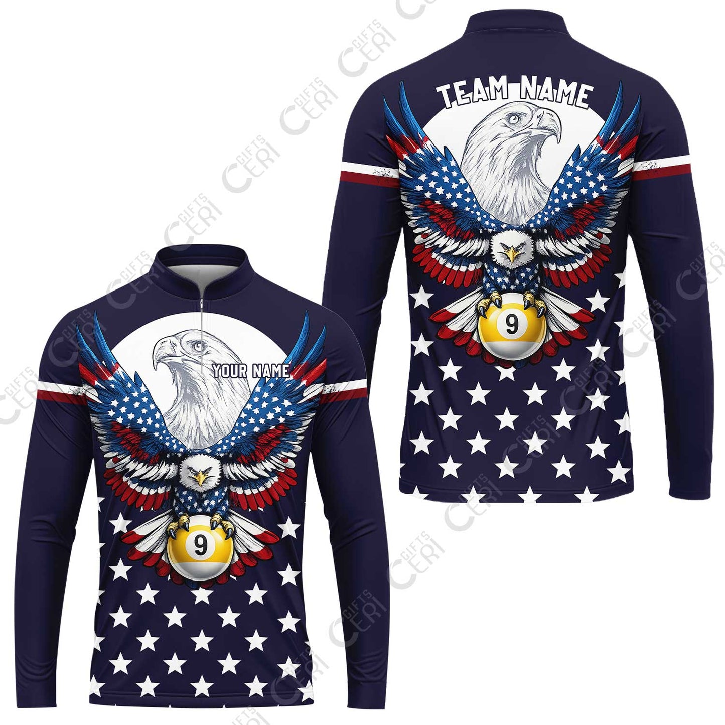 Customized 9 Ball Pool Stand Collar Quarter-Zip Long Sleeve Jersey, American Eagle Billiards 9-Ball, Personalized Billiards Jersey