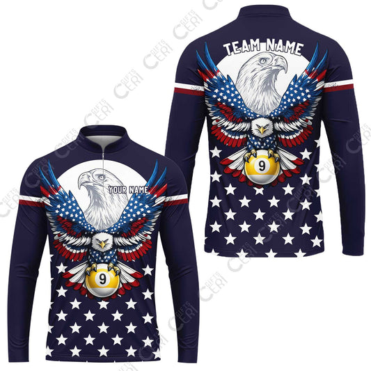 Customized 9 Ball Pool Stand Collar Quarter-Zip Long Sleeve Jersey, American Eagle Billiards 9-Ball, Personalized Billiards Jersey