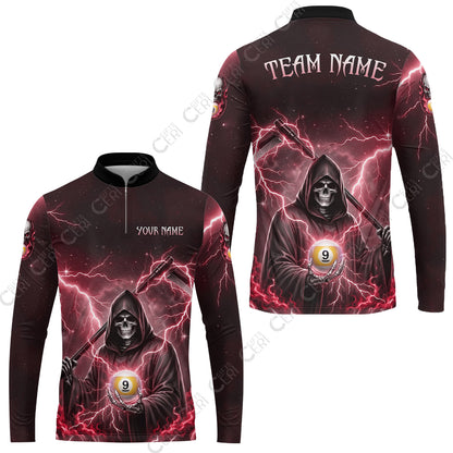 Customized 9 Ball Pool Stand Collar Quarter-Zip Long Sleeve Jersey, Lightning And Flame Grim Reaper With 9 Ball, Personalized Billiards Jersey