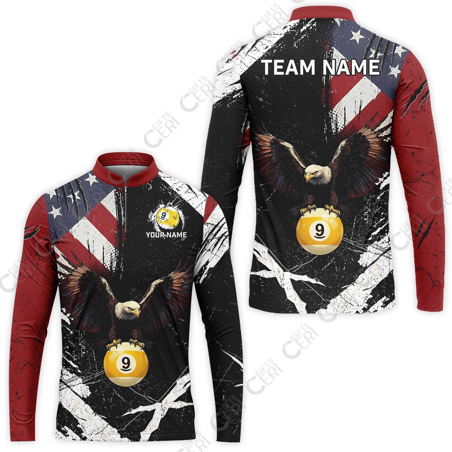 Customized 9 Ball Pool Stand Collar Quarter-Zip Long Sleeve Jersey, Eagle Billiard American Flag 9-ball, Personalized Billiards Jersey