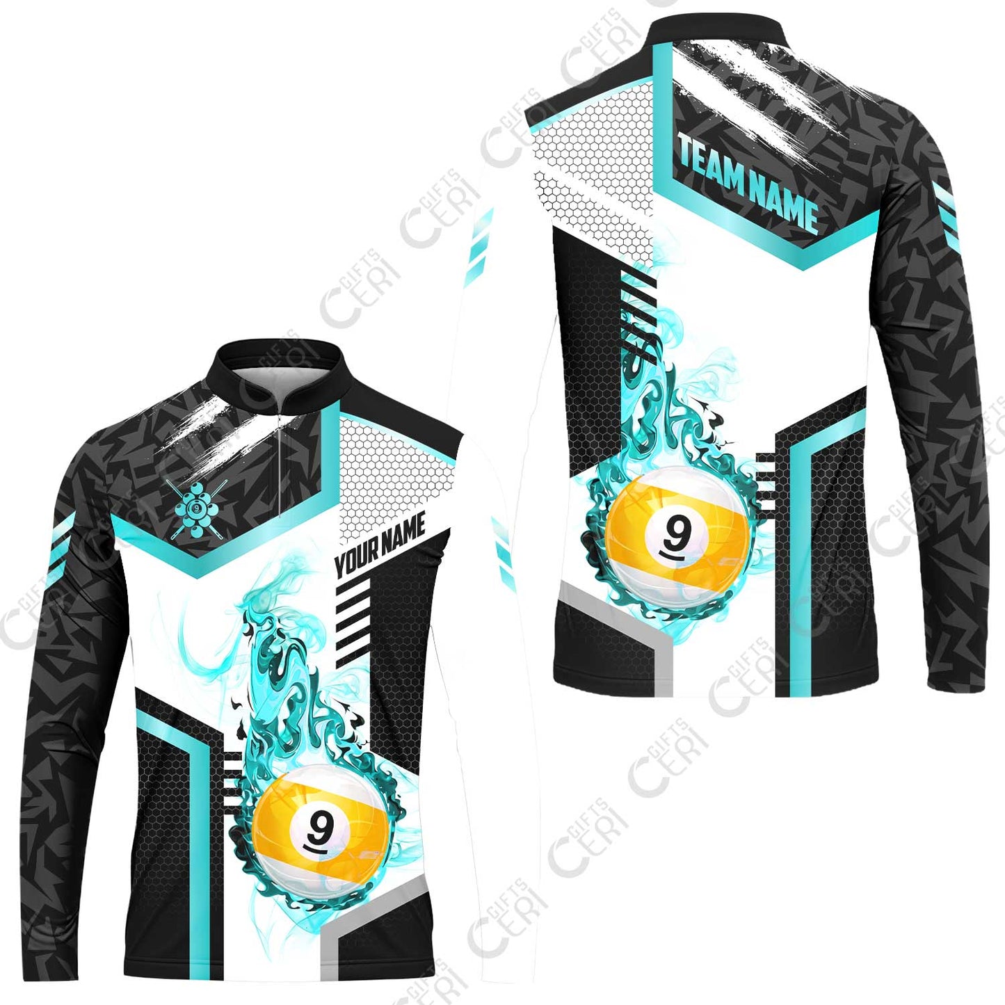 Customized 9 Ball Pool Stand Collar Quarter-Zip Long Sleeve Jersey, Flaming 9-Ball Graphic, Billiards Jersey