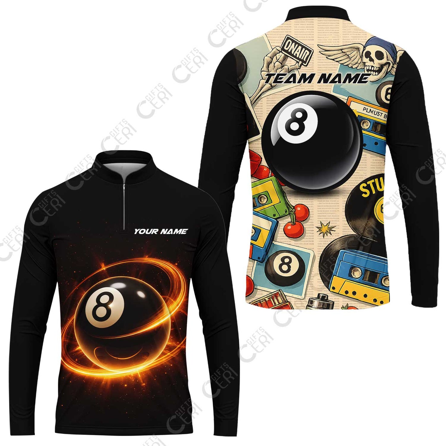 Customized 8 Ball Pool Stand Collar Quarter-Zip Long Sleeve Jersey, Billiard 8-Ball Retro Vibes, Billiards Jerseys