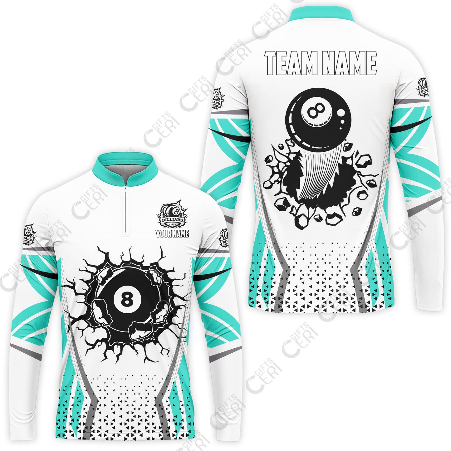 Customized 8 Ball Pool Stand Collar Quarter-Zip Long Sleeve Jersey, Billiard Triangle Pattern, 8-Ball Breaks The Wall, Billiard Jerseys