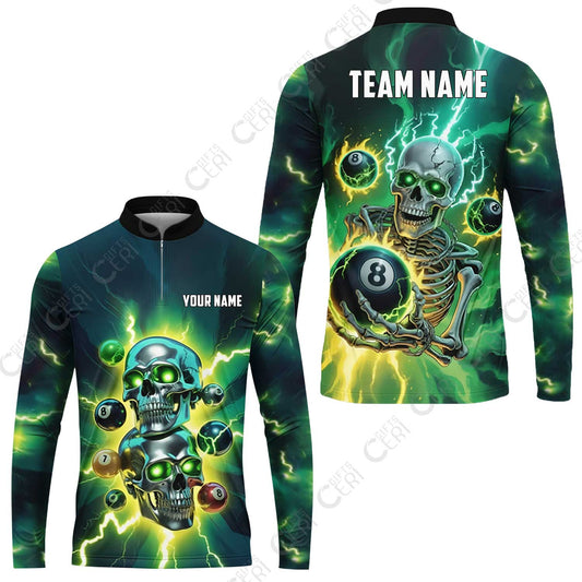 Customized 8 Ball Pool Stand Collar Quarter-Zip Long Sleeve Jersey, Billiards 8-Ball Thunder Skull, Billiards Jerseys