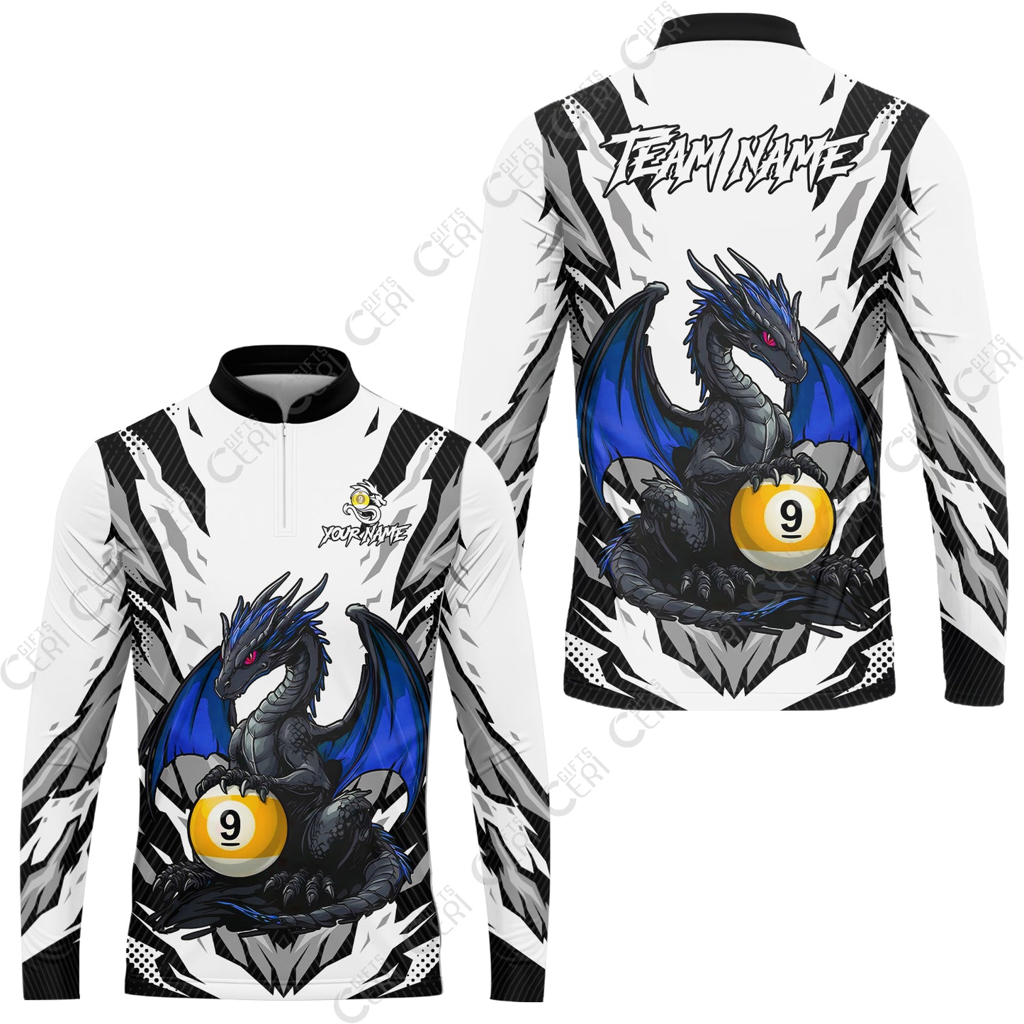 Customized Billiards Stand Collar Quarter-Zip Long Sleeve Jersey, Personalized Baby Dragon 9 Ball Jersey Gift For Billiard Players