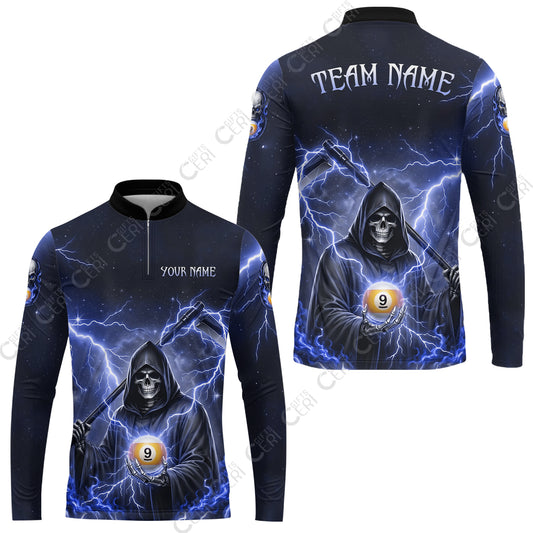 Customized 9 Ball Pool Stand Collar Quarter-Zip Long Sleeve Jersey, Lightning And Flame Grim Reaper With 9 Ball, Personalized Billiards Jersey