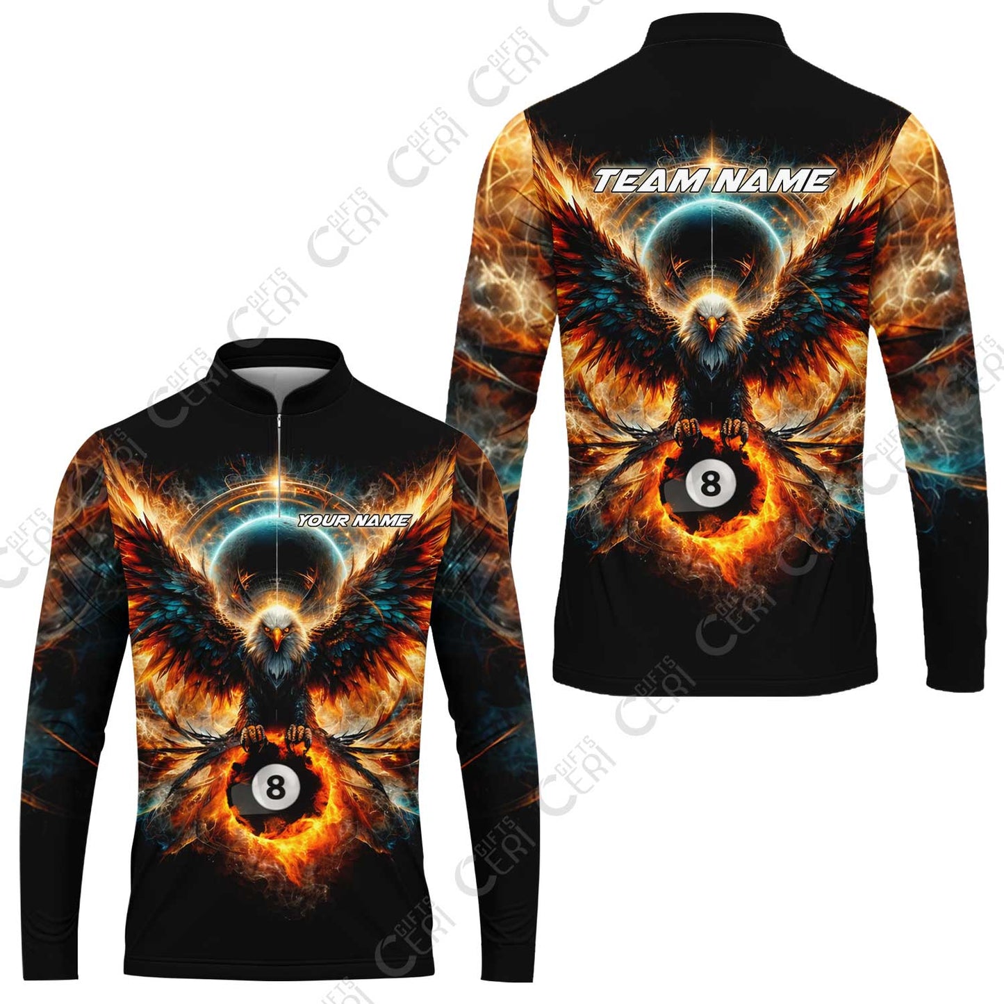 Customized 8 Ball Pool Stand Collar Quarter-Zip Long Sleeve Jersey, Billiard Phantom 8-Ball Flame Eagle, Billiards Jerseys
