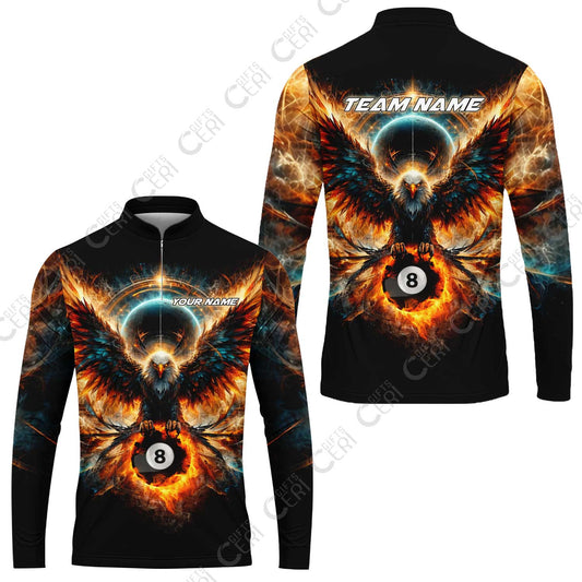 Customized 8 Ball Pool Stand Collar Quarter-Zip Long Sleeve Jersey, Billiard Phantom 8-Ball Flame Eagle, Billiards Jerseys