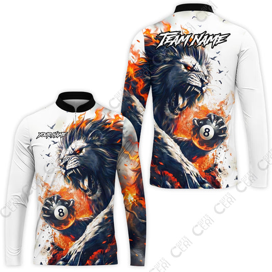 Customized 8 Ball Pool Stand Collar Quarter-Zip Long Sleeve Jersey, Lion Fire Lava 8-Ball, Personalized Billiards Jersey
