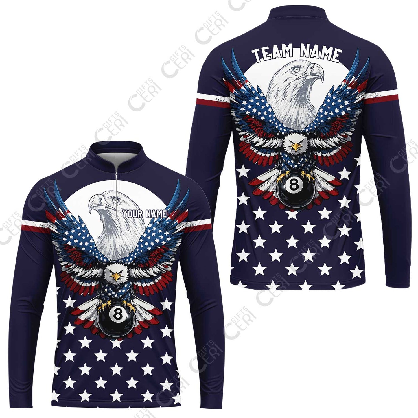 Customized 8 Ball Pool Stand Collar Quarter-Zip Long Sleeve Jersey, American Eagle Billiards 8-Ball, Personalized Billiards Jersey