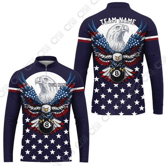 Customized 8 Ball Pool Stand Collar Quarter-Zip Long Sleeve Jersey, American Eagle Billiards 8-Ball, Personalized Billiards Jersey