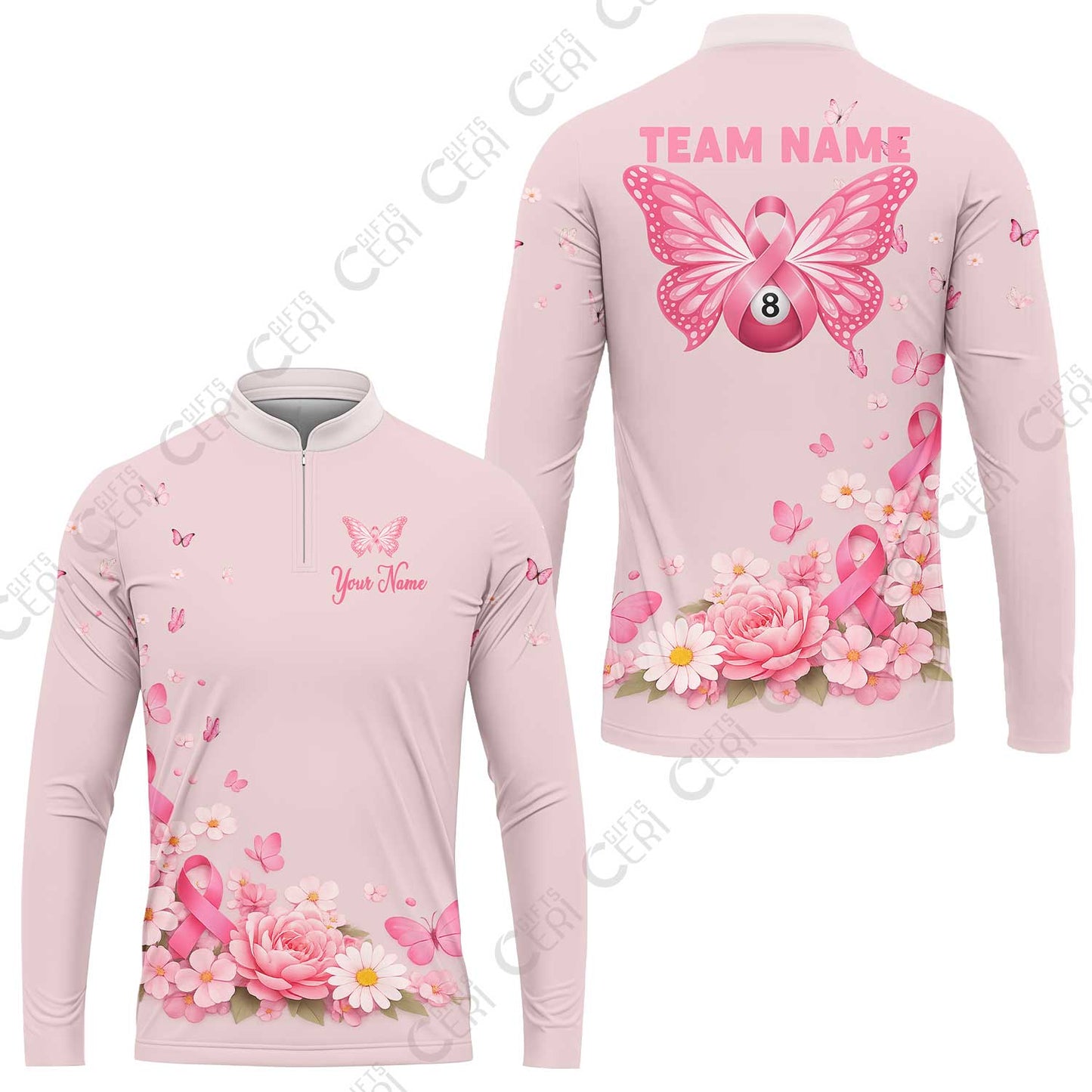 Customized 8 Ball Pool Stand Collar Quarter-Zip Long Sleeve Jersey, Floral Butterfly Billiards 8-Ball, Personalized Billiards Jersey
