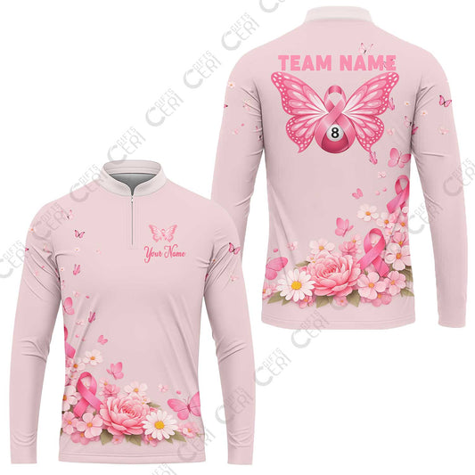 Customized 8 Ball Pool Stand Collar Quarter-Zip Long Sleeve Jersey, Floral Butterfly Billiards 8-Ball, Personalized Billiards Jersey