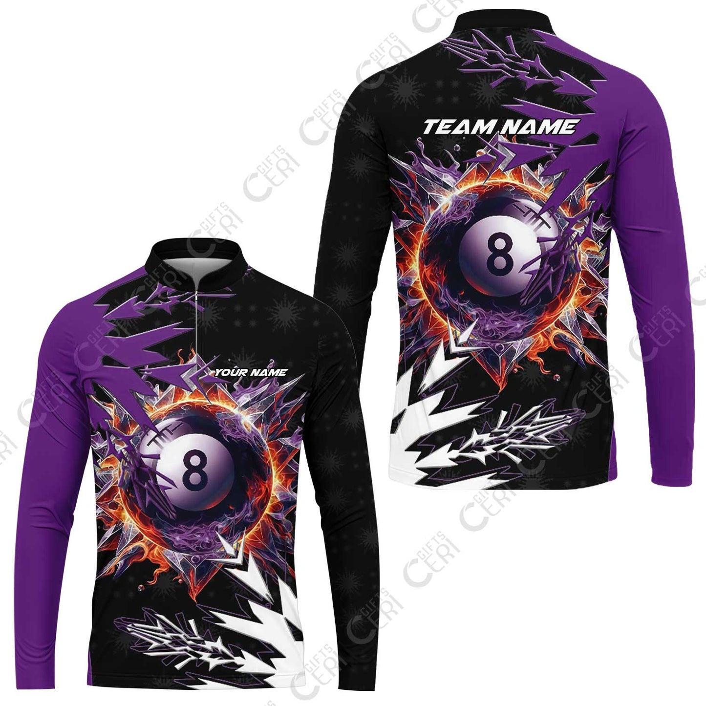 Customized Billiards Stand Collar Quarter-Zip Long Sleeve Jersey, Personalized Frostfire 8 Ball Jersey Gift For Billiard Players