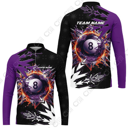Customized Billiards Stand Collar Quarter-Zip Long Sleeve Jersey, Personalized Frostfire 8 Ball Jersey Gift For Billiard Players