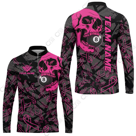 Customized 8 Ball Pool Stand Collar Quarter-Zip Long Sleeve Jersey, Billiard Pink Skull, Personalized Billiards Jersey