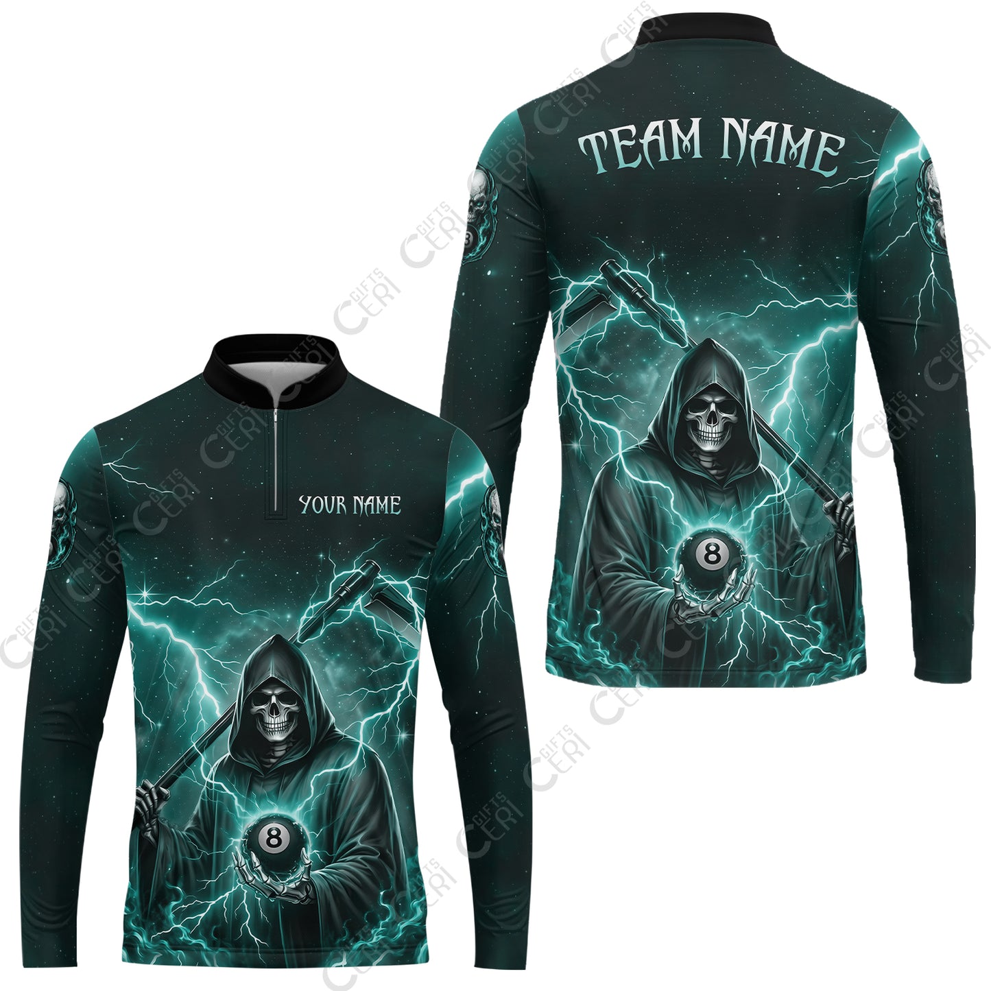 Customized 8 Ball Pool Stand Collar Quarter-Zip Long Sleeve Jersey, Lightning And Flame Grim Reaper With 8 Ball, Personalized Billiards Jersey