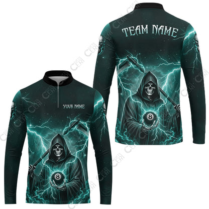 Customized 8 Ball Pool Stand Collar Quarter-Zip Long Sleeve Jersey, Lightning And Flame Grim Reaper With 8 Ball, Personalized Billiards Jersey
