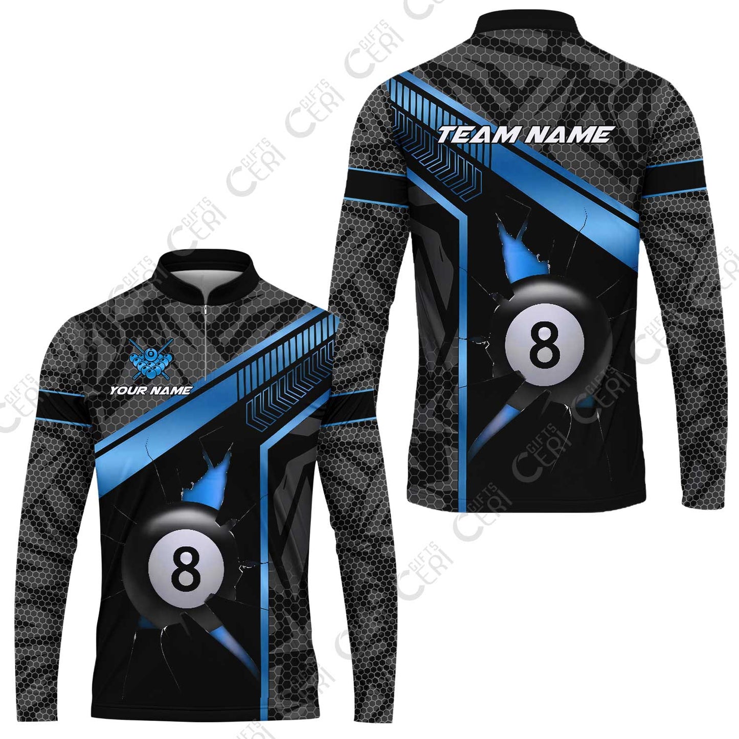 Customized Billiards Stand Collar Quarter-Zip Long Sleeve Jersey, Personalized Hexagonal Patterns With A Cracked Glass 8 Ball Jersey