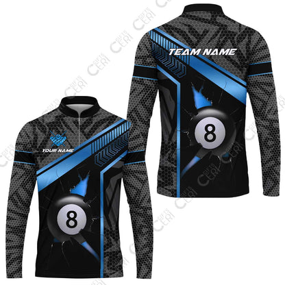 Customized Billiards Stand Collar Quarter-Zip Long Sleeve Jersey, Personalized Hexagonal Patterns With A Cracked Glass 8 Ball Jersey