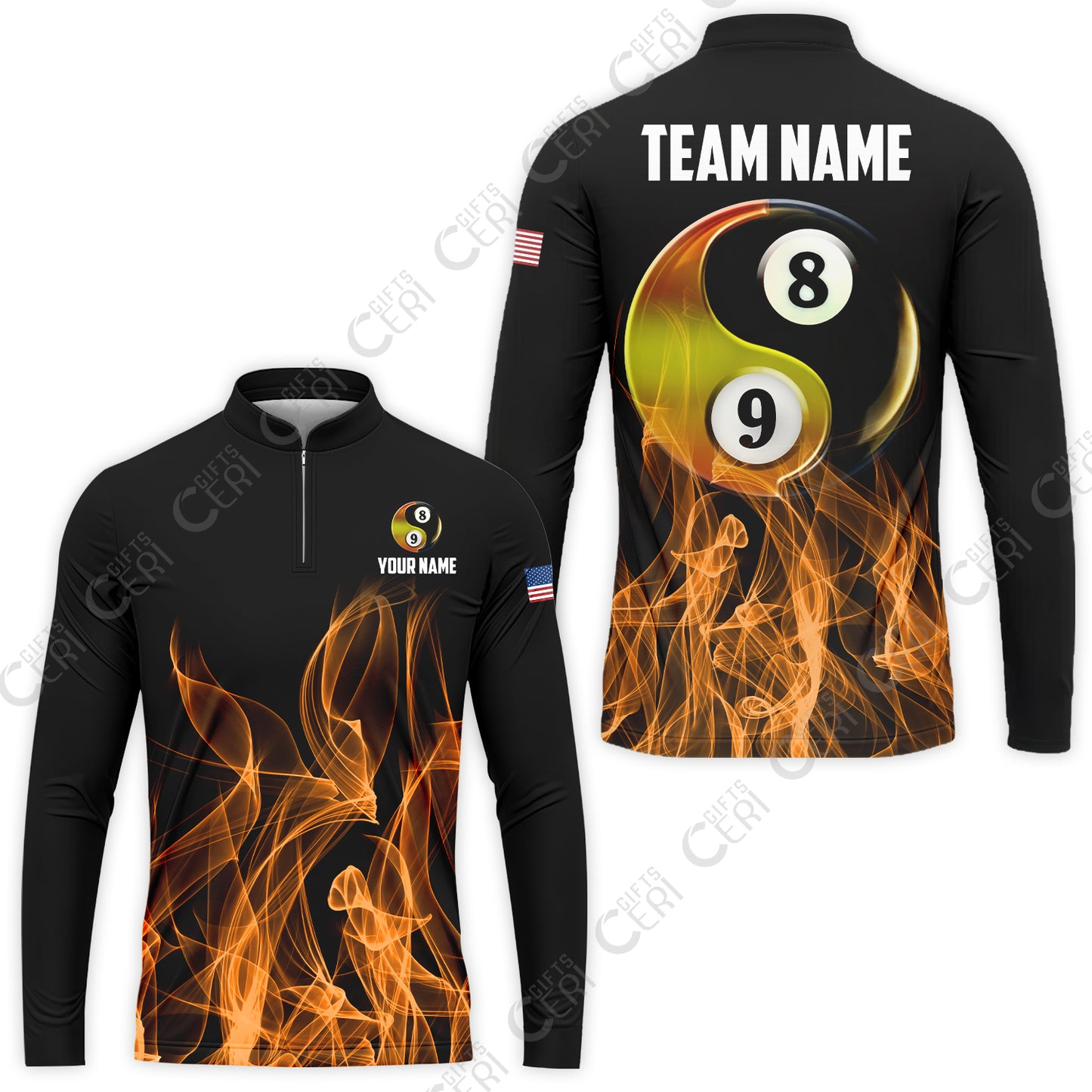 Customized Billiard Stand Collar Quarter-Zip Long Sleeve Jersey, Billiard 8-Ball And 9-Ball Yin-Yang Flame, Billiard Jerseys