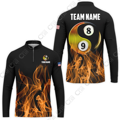 Customized Billiard Stand Collar Quarter-Zip Long Sleeve Jersey, Billiard 8-Ball And 9-Ball Yin-Yang Flame, Billiard Jerseys