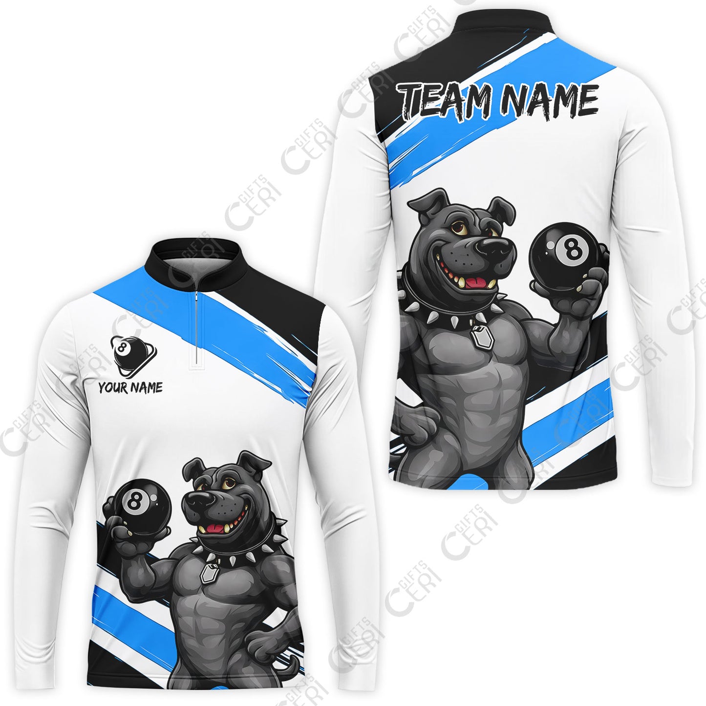 Customized Billiards Stand Collar Quarter-Zip Long Sleeve Jersey, Personalized Pitbull 8 Ball Jersey Gift For Billiard Players