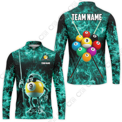 Customized 9 Ball Pool Stand Collar Quarter-Zip Long Sleeve Jersey, 9-Ball Wearing Cap And Sunglasses Flaming Burn, Billiard Jerseys