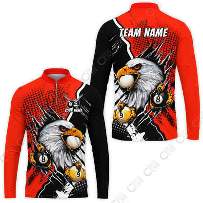 Customized Billiards Stand Collar Quarter-Zip Long Sleeve Jersey, 8 & 9 Ball Billiard Eagle Comic Dot Halftone Background Color, Billiards Jerseys