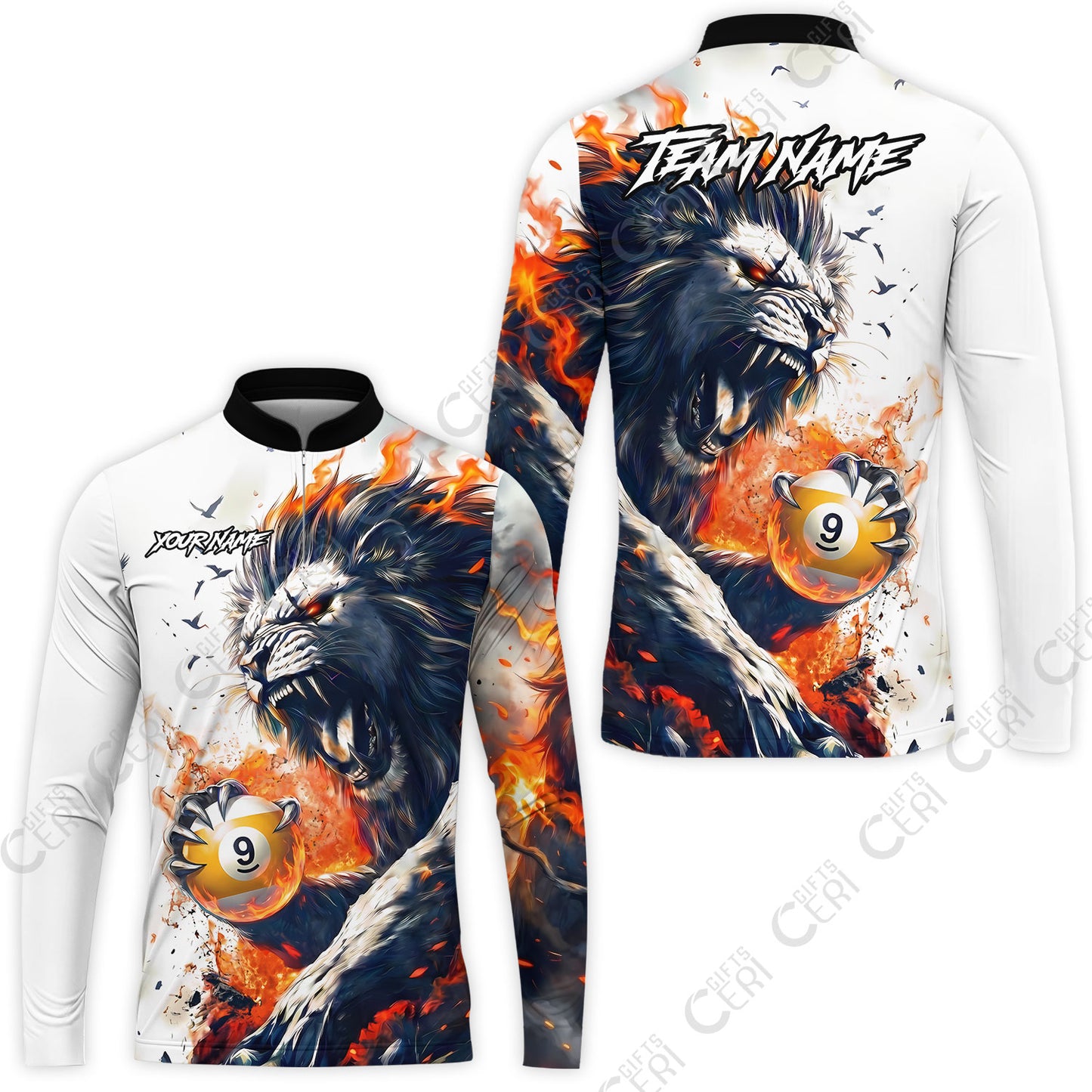 Customized 9 Ball Pool Stand Collar Quarter-Zip Long Sleeve Jersey, Lion Fire Lava 9-Ball, Personalized Billiards Jersey