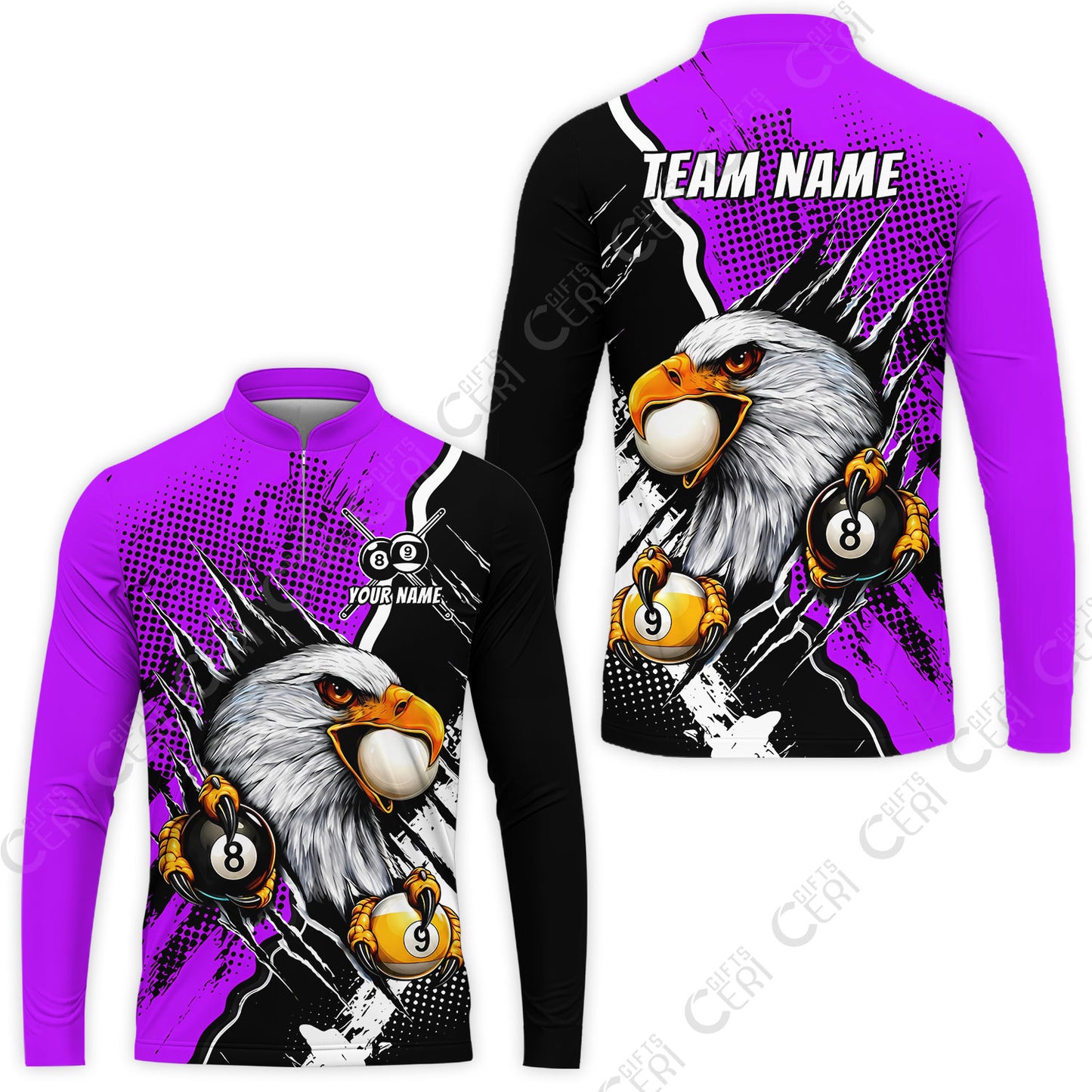 Customized Billiards Stand Collar Quarter-Zip Long Sleeve Jersey, 8 & 9 Ball Billiard Eagle Comic Dot Halftone Background Color, Billiards Jerseys