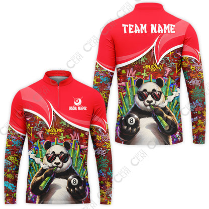 Customized 8 Ball Pool Stand Collar Quarter-Zip Long Sleeve Jersey, 8-Ball Panda Bamboo Billiards, Billiards Jerseys