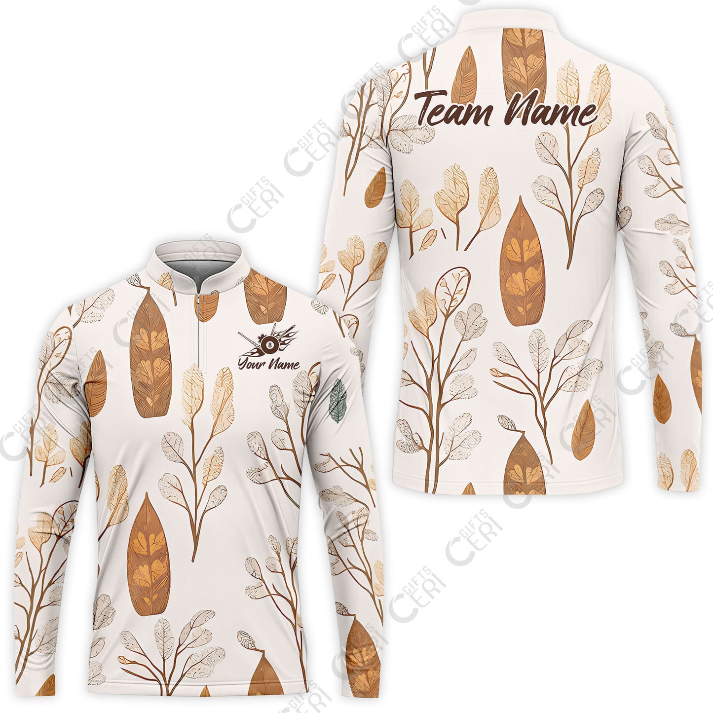 Customized 8 Ball Pool Stand Collar Quarter-Zip Long Sleeve Jersey, Leaves Pattern Billiard 8-Ball, Personalized Billiards Jersey