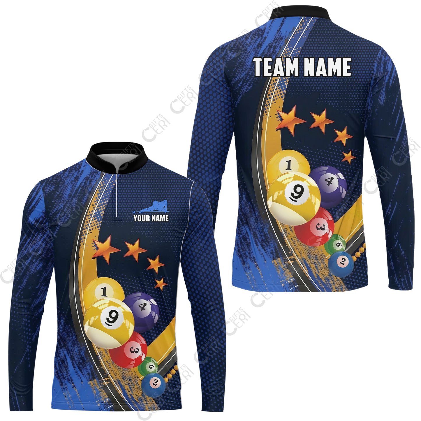 Customized 9 Ball Pool Stand Collar Quarter-Zip Long Sleeve Jersey, Brush Paint Billiards 9-Ball, Personalized Billiards Jersey