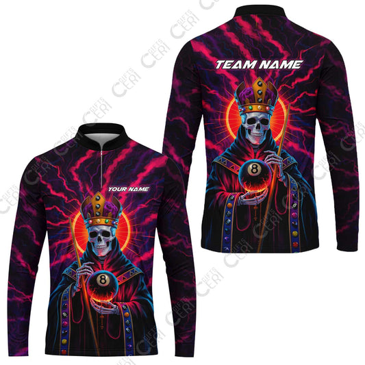 Customized 8 Ball Pool Stand Collar Quarter-Zip Long Sleeve Jersey, Billiard 8-Ball Necromancer, Billiards Jerseys