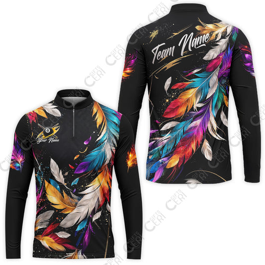 Customized 8 Ball Pool Stand Collar Quarter-Zip Long Sleeve Jersey, Feather Splash Billiard 8-Ball, Personalized Billiards Jersey