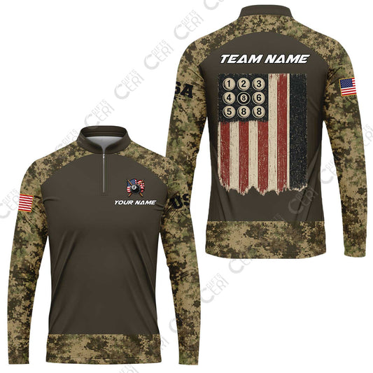 Customized 8 Ball Pool Stand Collar Quarter-Zip Long Sleeve Jersey, Billiard 8-Ball American Pool Warrior, Billiards Jerseys