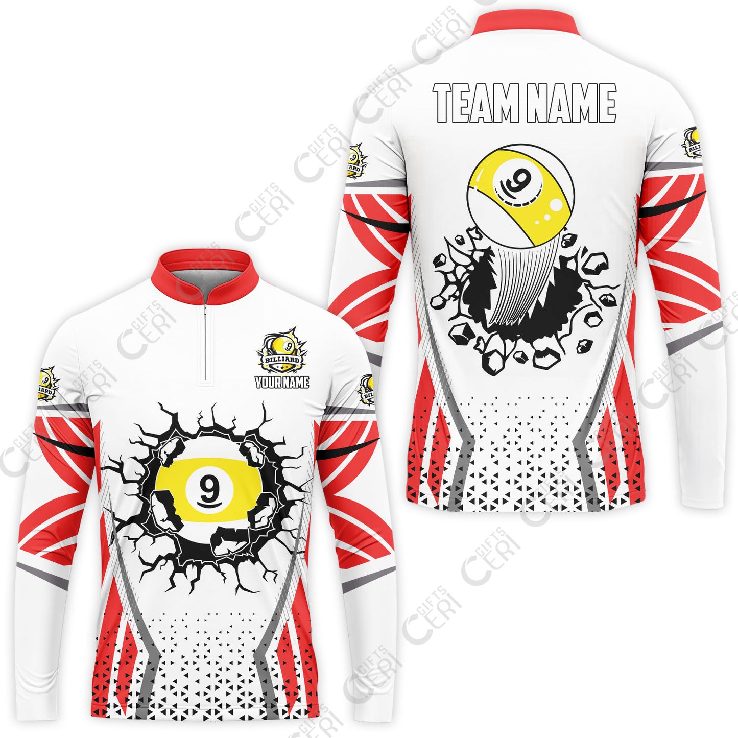 Customized 9 Ball Pool Stand Collar Quarter-Zip Long Sleeve Jersey, Billiard Triangle Pattern, 9-Ball Breaks The Wall, Billiard Jerseys