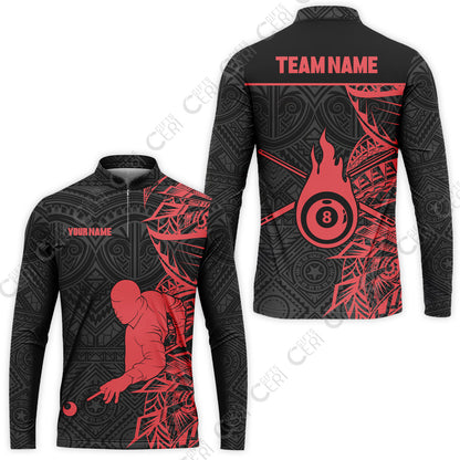 Customized 8 Ball Pool Stand Collar Quarter-Zip Long Sleeve Jersey, 8-Ball Billiards Tattoo Pattern, Billiards Jerseys