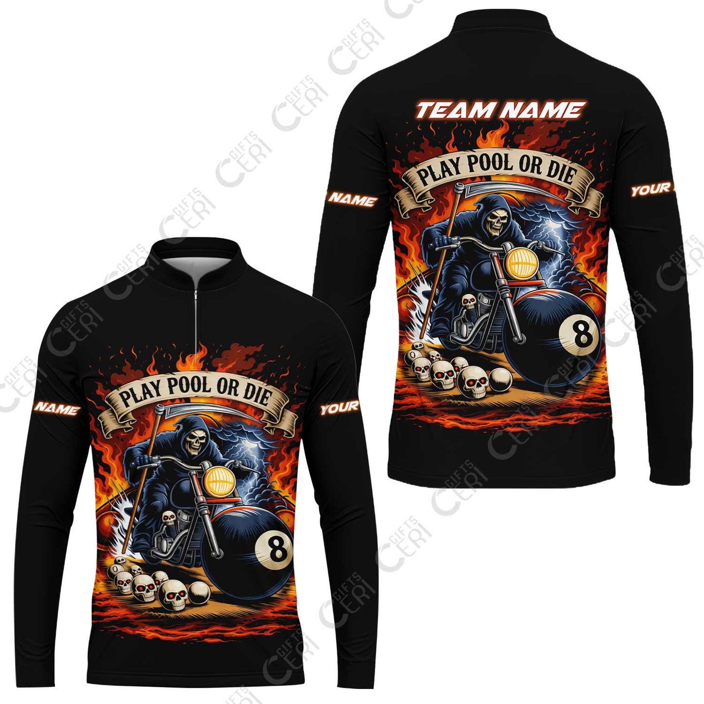 Customized 8 Ball Pool Stand Collar Quarter-Zip Long Sleeve Jersey, Billiards 8-Ball Hell Riders, Billiards Jerseys