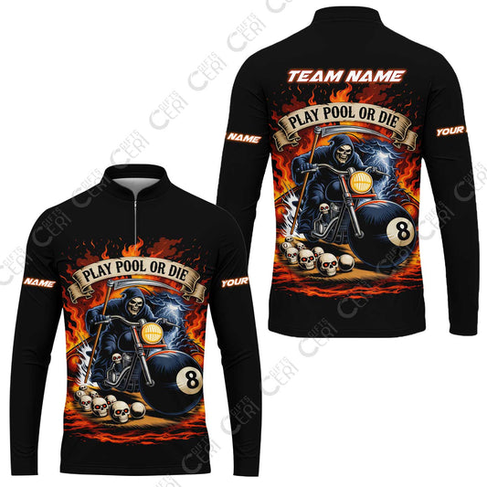 Customized 8 Ball Pool Stand Collar Quarter-Zip Long Sleeve Jersey, Billiards 8-Ball Hell Riders, Billiards Jerseys